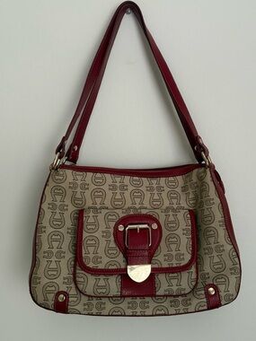 Etienne Aigner Shoulder Bag Monogram Canvas Red Trim Buckle Accent Vintage Style